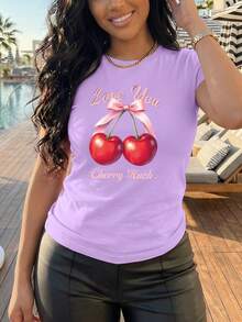 White T-Shirt With Cherries "Love You Cherry Much" Casual Short-Sleeved T-Shirt Cherry Print T-Shirt Cherry Graphic Design With Romantic Phrase Youthful / Sweet / Feminine Style - YH303-紫色 - 查看 1