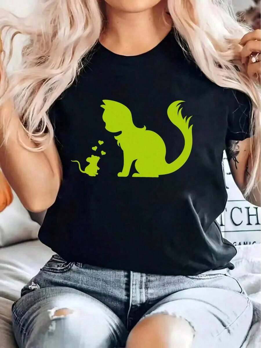 Loose Fit | 1 Women's T-Shirt 100% Breathable Cotton | Women's T-Shirt With White Cat And Mouse Graphic Print - Soft, Stretchy, Breathable, Crew Neck, For Casual Wear, Gym And Outdoors - Comfortable Fit For All Seasons, Machine Washable, Women's T-Shirts, Relaxed Fit T-Shirt, Stretch Fabric T-Shirt, Everyday Wear, Fun Design, Comfortable Material, Short Sleeve Top, Ideal For Summer - 黑色 - 查看 1