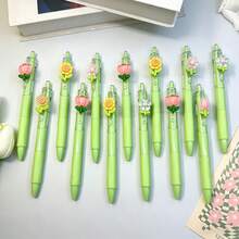5支/套 随机花头按动式圆珠笔，书写流畅，中性笔型，适合学生、考试、办公、日常使用，高品质（黑色），花卉图案按动式圆珠笔，文具礼盒套装（花卉配件随机） - 綠色系筆 - 查看 3