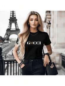 Camiseta Casual de Mujer con Estampado de Logo en Negro, Estilo Paris Streetwear Y2k Camiseta Camisa De - Negro - Ver 1