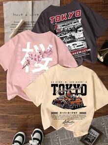 Set de 3 camisetas de manga corta con cuello redondo, de estilo casual y divertido con estampados de carreras de coches y flores de sakura japonesas, tops versátiles y de moda para mujer - Albaricoque, rosa y gris oscuro - Ver 9