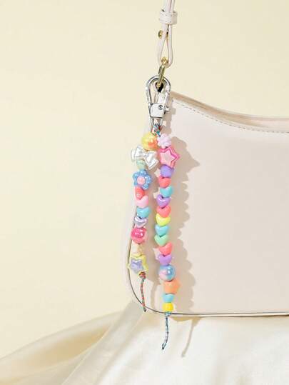 1pc Dopamine Rainbow Beaded Bag Charm, Star, Flower, Bow Decor Gradient Color Beaded Keychain