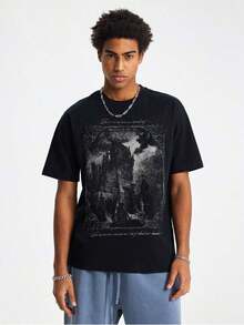 Camiseta casual de cuello redondo para hombre con gráfico de castillo de terror negro - Negro 2 - Ver 4