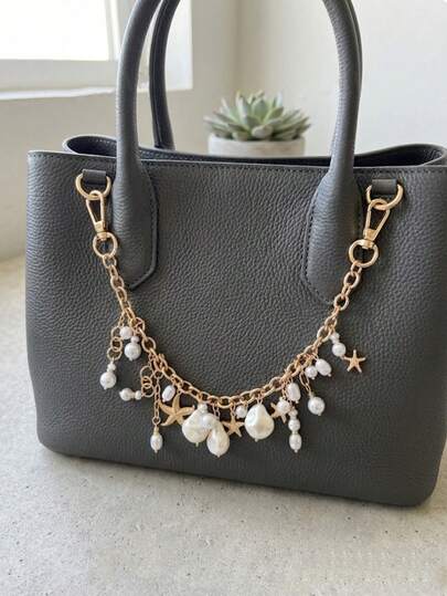 Summer Beach Aesthetic Pearl Bag Charm, Luxury Gold Starfish Purse Chain Accessory, Boho Marine Theme Handbag Pendant, Vacation Jewelry For Bag Styling Accessories Birthday Gift Charms Bag Charms