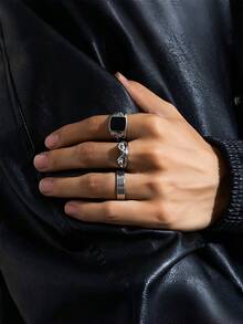 Bộ 3 nhẫn unisex, nhẫn trơn tối giản màu bạc và đen, nhẫn kim loại phong cách Gothic Punk, thích hợp cho Ngày Valentine, tiệc Halloween, trang sức. - nhẫn - Xem 2