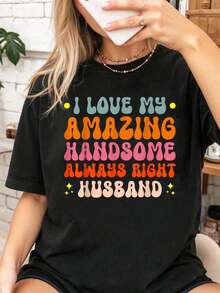 Camiseta Vintage 100% Algodón con la Frase 'I Love My Handsome Right Husband' para Mujerropa de calor mujer - Negro - Ver 1