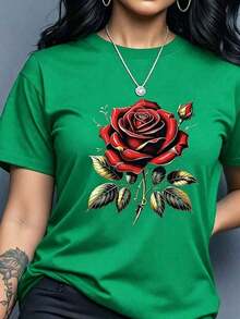 Camiseta informal de manga corta con cuello redondo y estampado de flores rosas, informal para el verano - Estilo Vintage Urbano Unisex, de algodón, corte holgado.-Vintage Street Style Unisexoose Cotton Short Sleeve Crew Neck T-Shirt - Verde - Ver 6