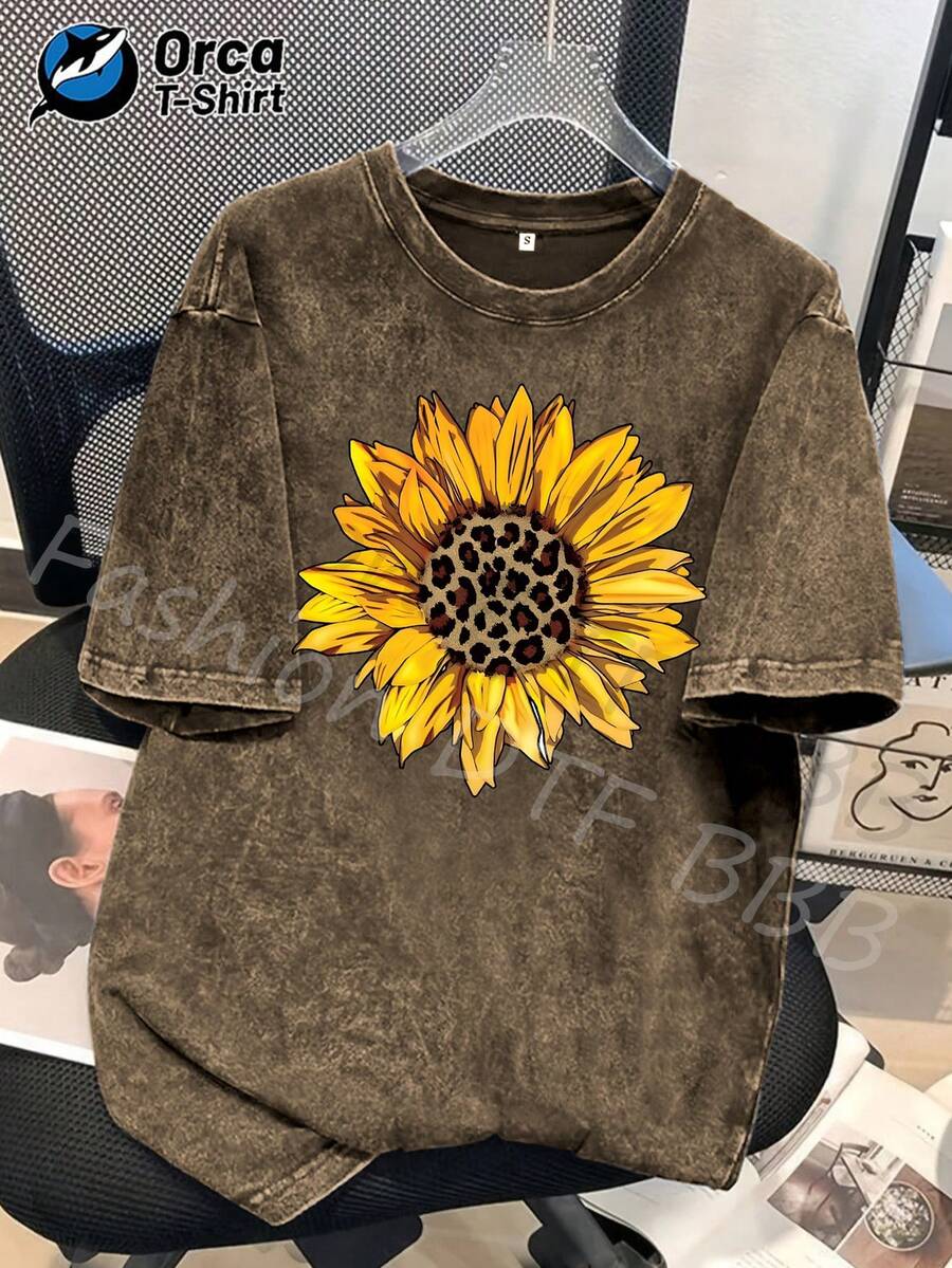 Camiseta de mujer con estampado de leopardo y diseño de girasol, camiseta estampada, camiseta de moda de algodón lavado de alta calidad, camiseta unisex, popular para uso diario, adecuada como regalo para familiares y amigos en ocasiones como Pascua, Día de la Madre, Día de la Independencia, etc. Informal. - marrón café - Ver 1