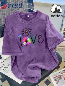 Nueva camiseta de verano vintage de algodón lavado y desgastado, de manga corta, con estampado floral americano y de pájaros con la palabra LOVE, top de talla grande para mujer, corte holgado, hombros caídos, cuello redondo, estilo oversize, cómoda y a la moda, versátil para el día a día, ropa de mujer estilo y2k. - Gris - Ver 10