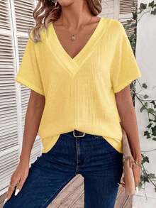 Camiseta de manga corta de uso diario versátil y casual con cuello en V para mujer - Amarillo - Ver 3