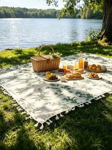 1pc Spring Leaf Style Fringe Camping Blanket - Soft Fabric, Charming Floral Pattern With Tassel Decor. Suitable For Beach Travel, Camping Adventure, Hiking, Travel, Family Concerts, Park Picnics, Backyard Gatherings, Outdoor Movie Nights, Indoor Dining Table Decor, Party Tablecloth Setting, Yard Leisure, Garden Party, Holiday Dinners And Leisure Activities - Turquoise - View 3
