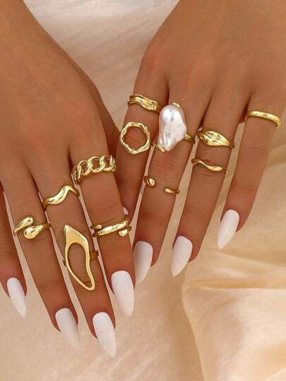 12pcs/Set Baroque Style Faux Pearl Rings, Asymmetric Elements & Line Design, Stackable Rings Suitable For Women