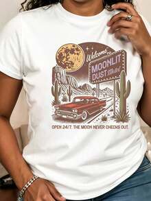 1 pieza Camiseta Blanca Vintage de Mujer con Estampado del Oeste y del Desierto - Camiseta Vintage de Manga Corta con Cuello Redondo y Diseños de Cactus y Coches, Camiseta Western "Moonlit Dust Motel" para Mujer - Camiseta con Cuello Redondo y Gráficos de Cactus del Desierto y Coches Retro, Camiseta Casual para Viajes por Carretera - Camiseta Casual de Verano, Adecuada para Conjuntos de Estilo Western, 180g Algodón 100% - Blanco - Ver 3