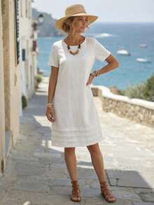 Women's Casual Dress With Short Sleeves, Round Neck, Solid Color, Loose Fit And Mid-Length, For Summer - 酒紅色 - 查看 3