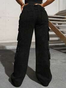 Jeans de mezclilla con bolsillo con solapa y cargo lateral, de estilo sencillo y elegante para uso diario y casual en primavera, color negro - Negro 2 - Ver 7