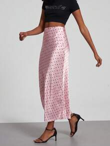Falda larga de satén con cintura elástica de moda para mujer, ideal para vacaciones - Lunares rosas - Ver 4