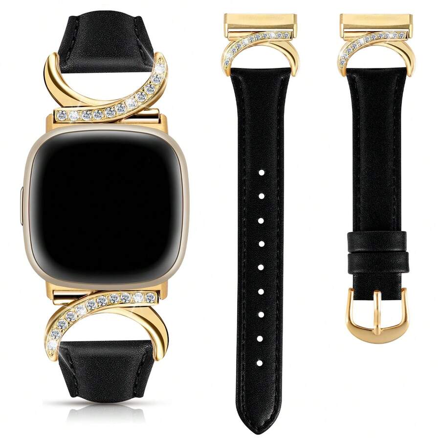 Women's Genuine Leather Band For Versa 4/Versa 3/Sense 2/Sense - Diamond C-Shaped Gold Buckle Design - Comfortable Sweat-Resistant Ultra-Thin Band - Fashionable & Versatile, Multiple Colors Available - Fits 5.5-8.3 Inch Wrists, Suitable For Business/Date/Wedding/Party/Daily Wear - Ideal Women's Gift, Premium Replacement Band Accessory
