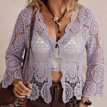 Plus Size Casual Solid Color Openwork Knit Cardigan Winter Fall Autumn - Púrpura malva - Ver 1