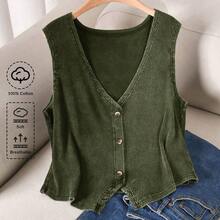 Cosyjoi Plus Size Women V-Neck Single-Breasted Casual Tank Top - Verde - Ver 2