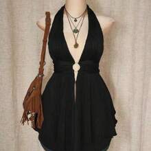ICON Plus Size Y2K Style Hollow Out Asymmetrical Hem Babydoll Halter Neck Knit Camisole, Summer Tops - Negro - Ver 1