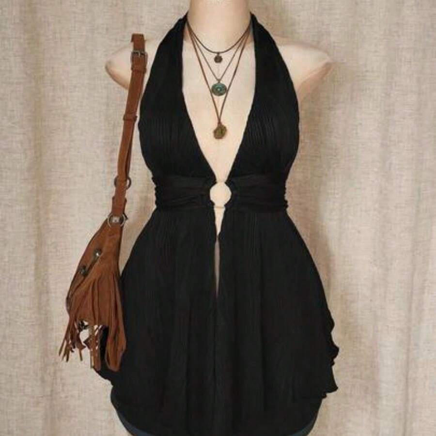 ICON Plus Size Y2K Style Hollow Out Asymmetrical Hem Babydoll Halter Neck Knit Camisole, Summer Tops - Negro - Ver 1