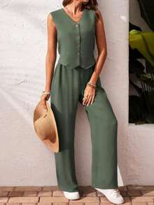 Frenchy Set de 2 piezas para mujer de top sin mangas y pantalones de estilo casual con un solo botón, para verano - Verde - Ver 4