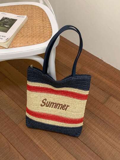 Letter Print Casual Fashion One Shoulder Straw Woven Tote Bag, Contrast Color Beach Bag, Hollow Out Summer Handbag For Women