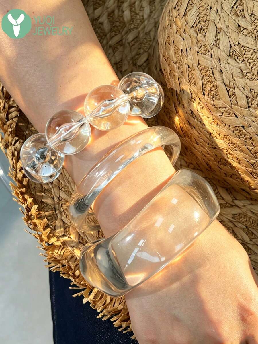 1pc Handmade Oversized Wooden Bracelet, Amber Resin Material, Fashion And Generous, Suitable For Couples And Friends To Wear Daily Or As Gifts - Multicolor F - View 1