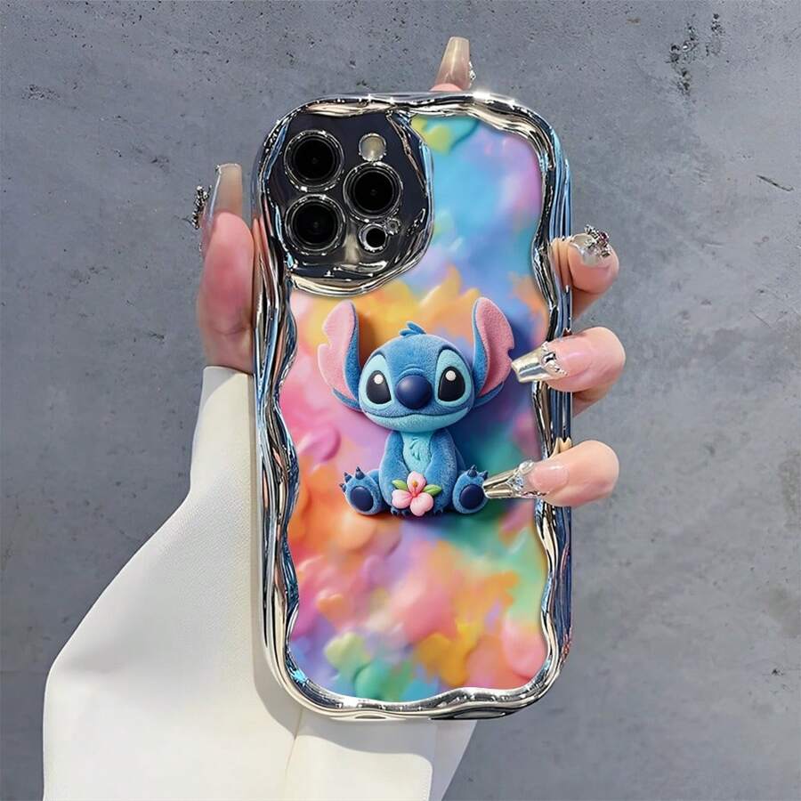 Disney Lilo & Stitch Phone Case, Cartoon Art Protective Cover. Compatible With IPhone 17, 16, 15, 14, 13, 12, 11 Pro Series, Featuring Plush Stitch With A Pink Flower Against A Tie-Dye Rainbow Background, Perfect For Animation Fans, Ideal For Birthdays, Holidays, Anniversaries, Graduation Gifts, Or Any Special Occasion To Surprise Family, Friends, Classmates, And Loved Ones. - Silver - View 1