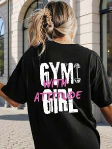 Plus Size T-Shirt With Round Neck, Short Sleeves And Letter Print, Summer T-Shirt - Black - View 2