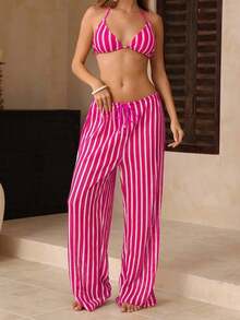 Swim Chiccia Conjunto de bikini a rayas sexy para mujer con pantalones, nueva llegada de trajes de baño para mujer 2026, adecuado para la escuela, vacaciones, citas, té de la tarde, estilo occidental, cruceros, playa, isla, viajes por carretera, todas las estaciones, festivales de música, vacaciones bohemias, vacaciones bohemias, otoño relajado, estilo occidental bohemio, blusas elegantes para mujer - Multicolor 2 - Ver 9