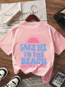 1 pieza de camiseta de manga corta azul claro con estampado para niñas, cómoda y a la moda, ideal para estudiantes y jóvenes en el verano, favorita de las niñas, adecuada para el ocio diario. - Rosa - Ver 4