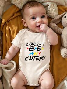 Baby Girl Slogan Graphic Round Neck Short Sleeve Casual Romper - Beige - View 1