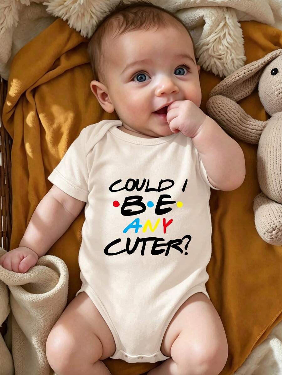 Baby Girl Slogan Graphic Round Neck Short Sleeve Casual Romper - Beige - View 1