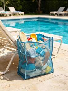 Bolsa de playa de malla de gran capacidad, de poliéster duradero, de unicolor con asas resistentes, adecuada para viajes, vacaciones y camping | Solución de almacenamiento multifuncional, asas reforzadas, malla transpirable y de secado rápido, adecuada para artículos húmedos y uso diario - Multicolor - Ver 7