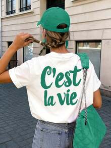 Women's Short-Sleeved T-Shirt With Front And Back Print, European And American Style Letter Design, Round Neck, Loose Fit Top, Sexy, Sweet And Cute For Summer/Spring, Simple And Fashionable Design T-Shirt, Suitable For Dates And Dinners, Urban Style For Women, Casual Short-Sleeved Graphic T-Shirts For Easter, Mother's Day And The 2026 World Cup, Breathable And Comfortable. - 白色 2 - 查看 2