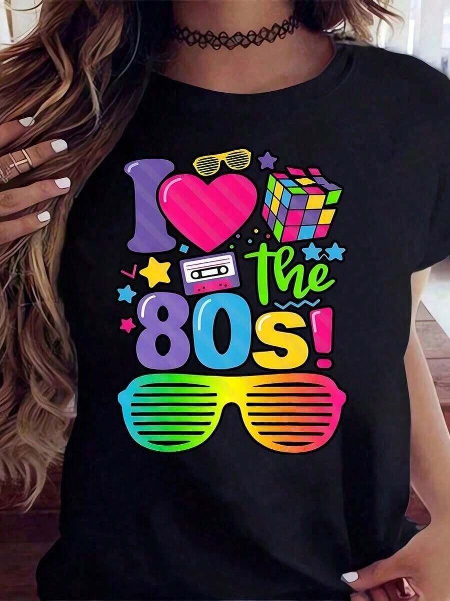 1 Piece "I Love The 80s" T-Shirt For Women, Retro 80s Party Tee With Neon Sunglasses And Cassette Tape Design, Fun Vintage Tee For 80s Theme Parties, Birthdays, Halloween Or Costume Events, 180g 100% Soft Cotton - 黑色 - 查看 1