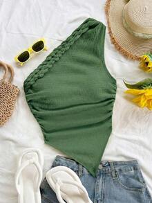 Blusa asimétrica del cuello para mujer para vacaciones de verano - Verde Oliva - Ver 3