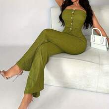 2026 Verano Conjunto 2 Piezas Mujer, Top Tubo Elástico con Decoración de Botones y Pantalones Pierna Acampanada - verde oscuro - Ver 4