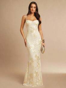 Vestido de tirantes finos maxi ajustado y elegante con diseño floral 3D en color marrón, adecuado para invitada de boda en otoño, fiesta, cóctel, noche, Navidad.Vestido maxi ceñido y con espalda descubierta, apropiado para fiesta de ot - Albaricoque - Ver 3