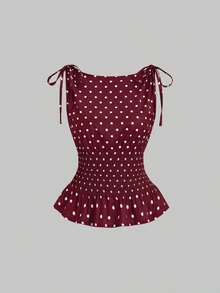 Camiseta de tirantes elegante, de estilo francés, con lunares, lazo en los hombros, cintura anudada y ajuste slim, versátil para primavera/verano - Burdeos 2 - Ver 1