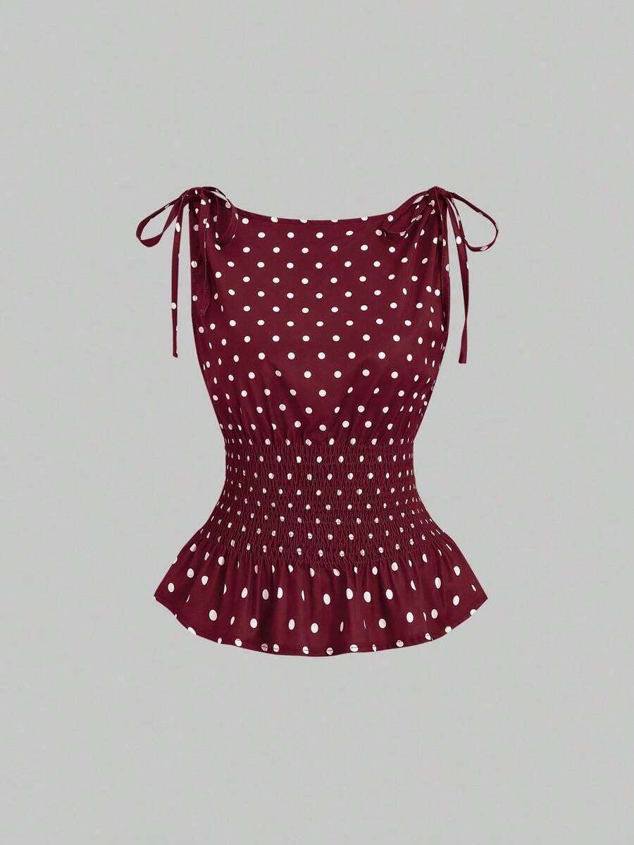 Camiseta de tirantes elegante, de estilo francés, con lunares, lazo en los hombros, cintura anudada y ajuste slim, versátil para primavera/verano - Burdeos 2 - Ver 1
