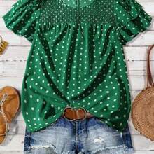 Women's Polka Dot Ruffle Double Layer Sleeve Casual Blouse - Verde - Ver 1