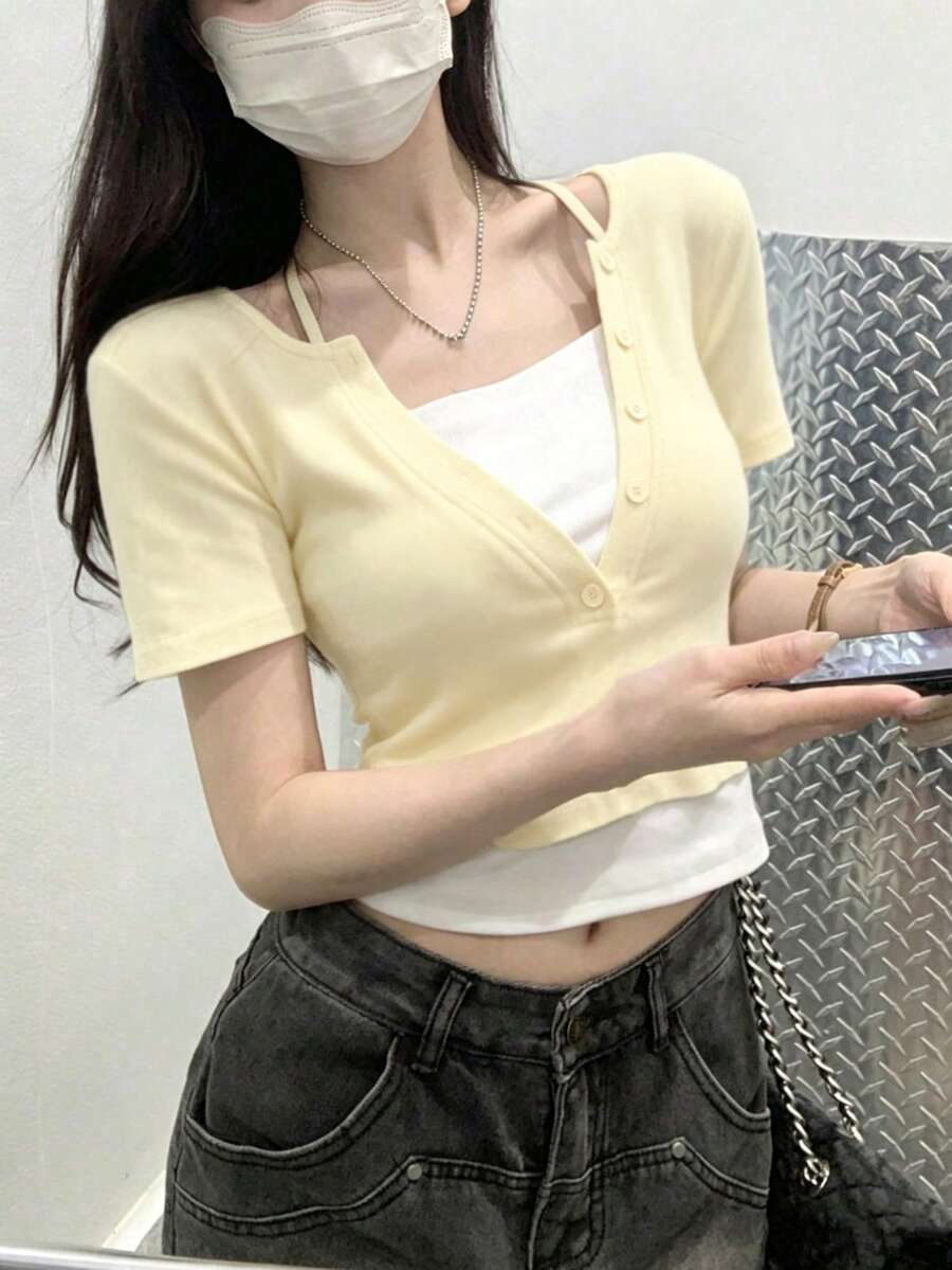春夏季韓風掛脖式 2合1撞色短袖女款休閒T恤 - 杏色 - 查看 1