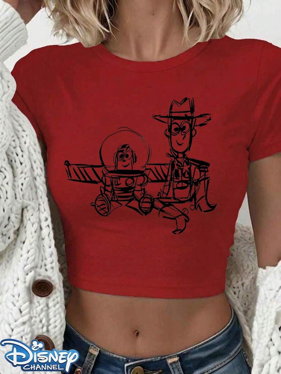 Authentic Disney Buzz Lightyear & Woody Hand-Drawn Line Drawing Print Design, Women's Casual Round Neck Slim Fit Short T-Shirt, Summer Basic Polyester Fiber Top, Versatile For Everyday Wear And Outings, Comfortable And Loose, The Perfect Gift Choice, Washable, Holiday Outfits For Women, Festival Outfits, Women's Linen Shirt, Women's White Top.The Sizing Runs Small; If You Prefer A Loose Fit, Please Choose One Size Up. - Red - View 1