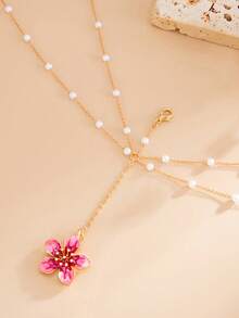 1pc Beach Vacation Sexy Crystal Embellished Bikini With Pearl Chain Flower Pendant Body Chain, Suitable For Beach Party, Holiday Gift - Gold - View 3