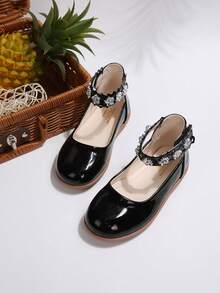 Girls' Shiny Mary Jane Flat Shoes, Versatile Princess Style - Black - View 2