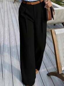 Pantalones de traje de mujer de cintura alta vintage, corte holgado, efecto drapeado, adecuados para otoño, apropiados para uso en la oficina en primavera - Negro - Ver 2