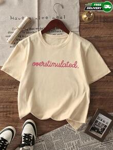 Camiseta de manga corta para mujer con texto estampado, cuello redondo, de poliéster, apta para uso diario, salidas casuales, fin de semana y actividades informales, estilo casual minimalista, ideal para primavera y verano, envío gratis en México. - Albaricoque - Ver 5