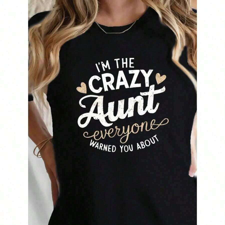 Camiseta, con Estampado "Soy La Tía Loca", Cuello Redondo, Manga Corta, Estilo Casual, 100% Algodón - Negro - Ver 1